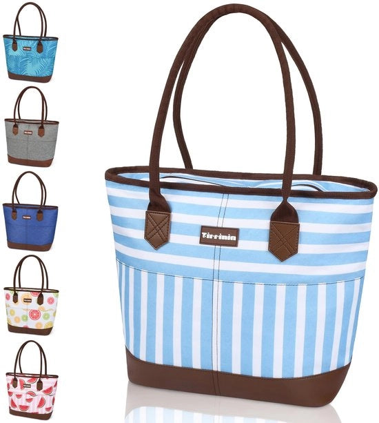 Tirrinia Grande Tasca Isolata 20L, Borsa da Spesa Opportuna con Cerniera, Borsa Isolata Tote Bag per Picnic Mare Auto Tasca da Pranzo, Strisce Blu Pastello