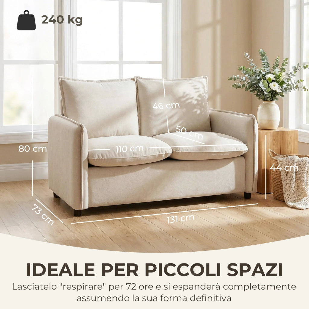 Divano 2 Posti 131x73x80 cm Imbottito con 2 Cuscini e Braccioli in Tessuto Effetto Pelle Traspirante Crema