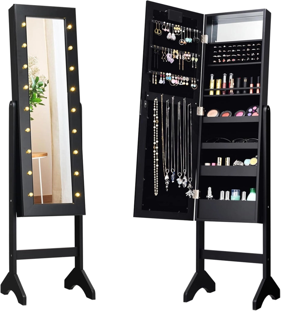 Portagioie Armadietto Specchiera con 18 Luci LED, Specchio a Figura Intera, Organizer per Gioielli Moderno Elegante, 145x35x31,5cm (Marrone)