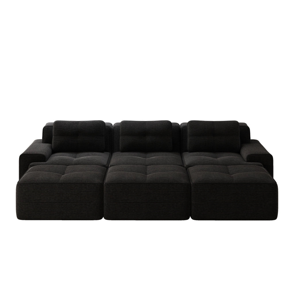 Divano Angolare Modulare 3 Posti con Schlaffunktion ¨C MINIMAL ¨C Velluto a Coste Nero, 3 Pouf