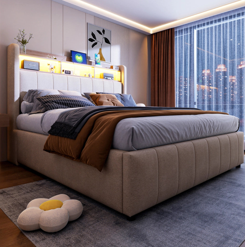 Letto matrimoniale imbottito 140x200 cm con LED; USB e contenitore idraulico; beige