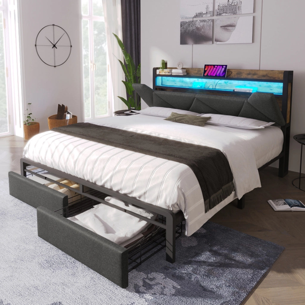 Letto matrimoniale 140x200 cm in lino grigio con testiera contenitore; LED; USB e cassetti