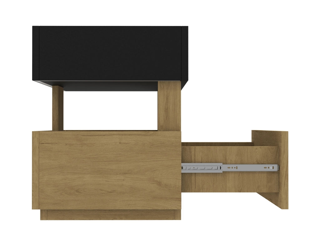 Comodino con ricarica wireless, LED e due cassetti, finitura legno e nero per camera da letto 50 × 40 × 50 cm