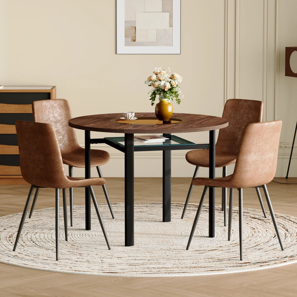 Tavolo da pranzo rotondo con piano in MDF, inserto in vetro e ripiano in vetro, per soggiorno e cucina aperta