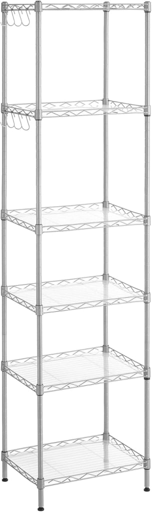 SONGMICS Scaffale Portaoggetti di Metallo a 6 Livelli Regolabili in Rete, con Pannelli PP, 8 Ganci a S, per Garage, Cucina, Soggiorno, Salvaspazio, Max Carico 120 kg, Argento LGR116E01