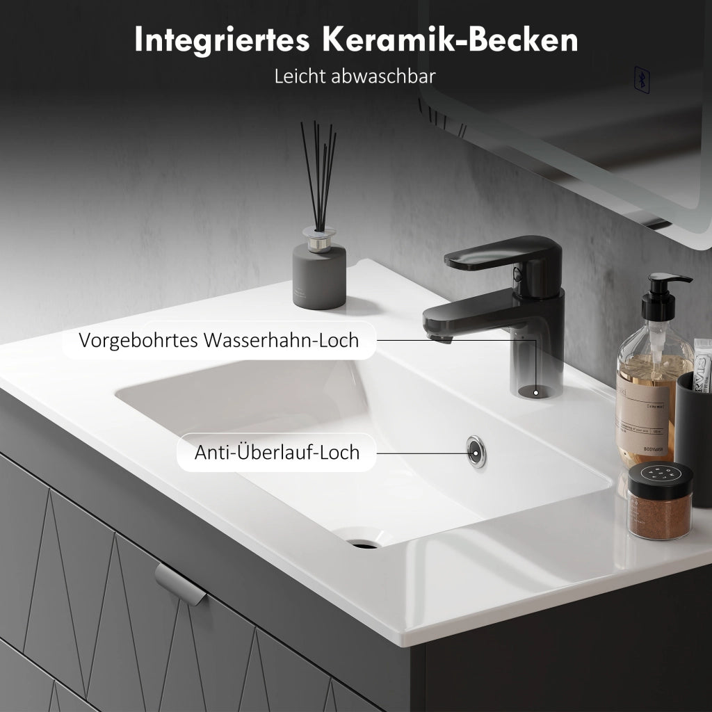 Mobiletto Sottolavabo Sospeso con Lavabo Ceramica e Cassetti Soft-Close ¨C zephmum ¨C Nero