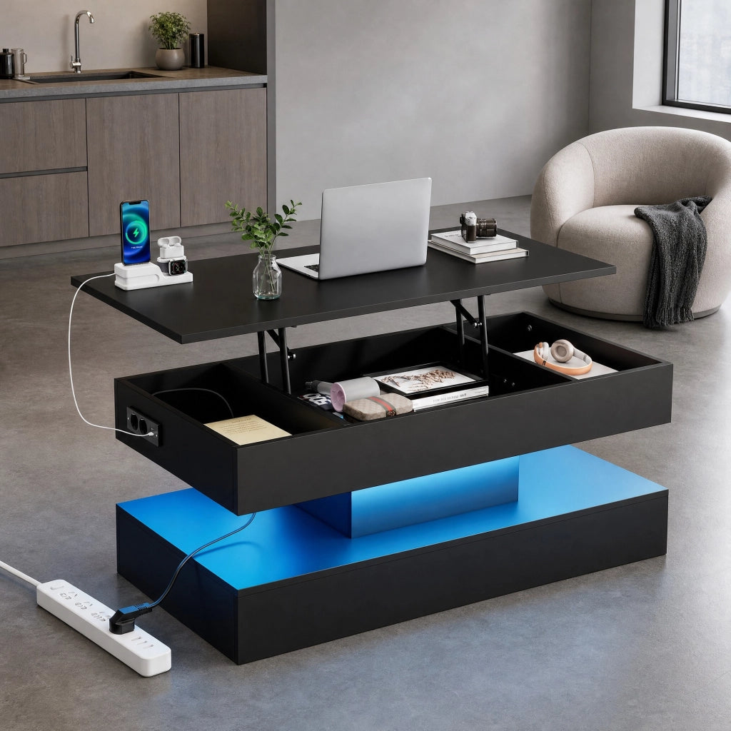 TAVOLINO da caffè alzabile 100x50x42 cm con LED e prese UE nero in truciolare