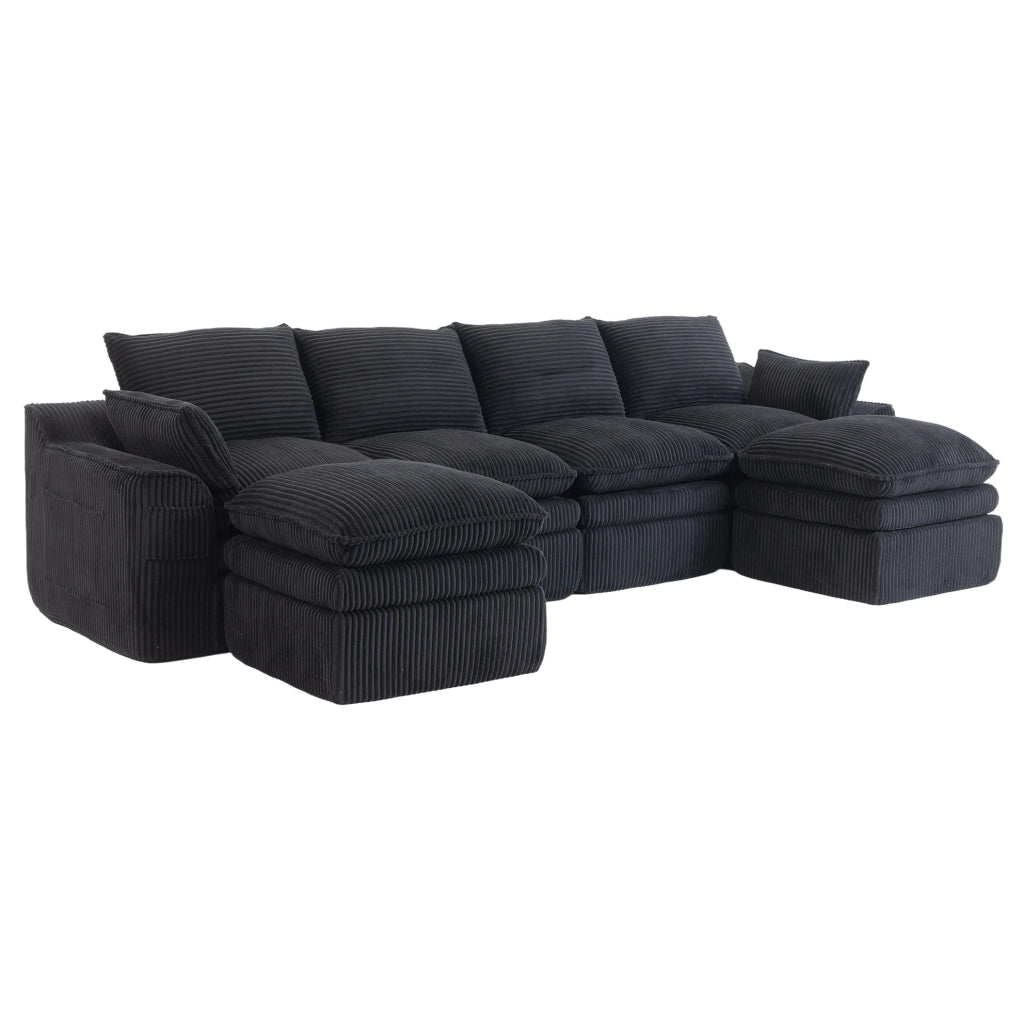 Divano modulare in velluto a coste nero con tasche laterali; 335×167×85 cm