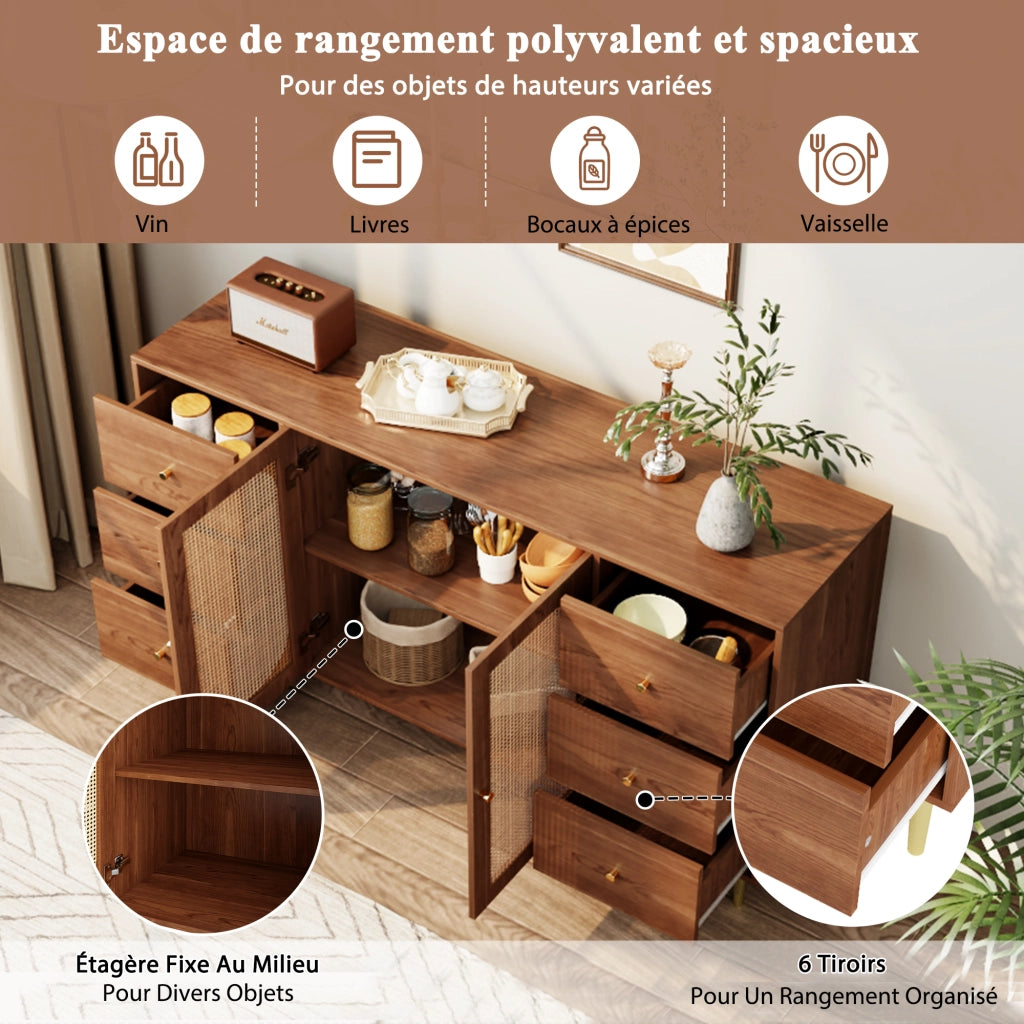 Credenza con 6 Cassetti e 2 Ante in Rattan; Stile Moderno; in MDF; Color Legno; 160??40??90 cm