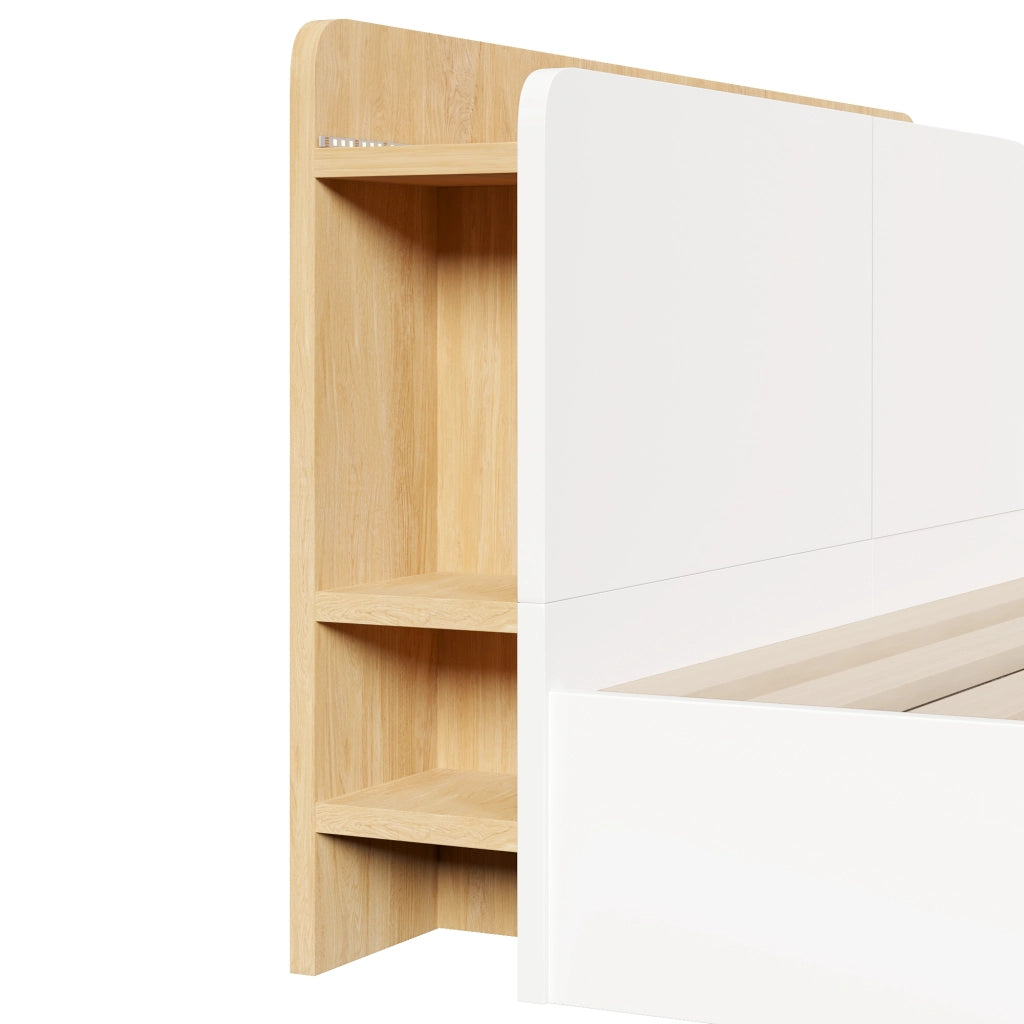 LETTO contenitore idraulico 140x200 cm pino bianco/naturale con USB Type-C e LED