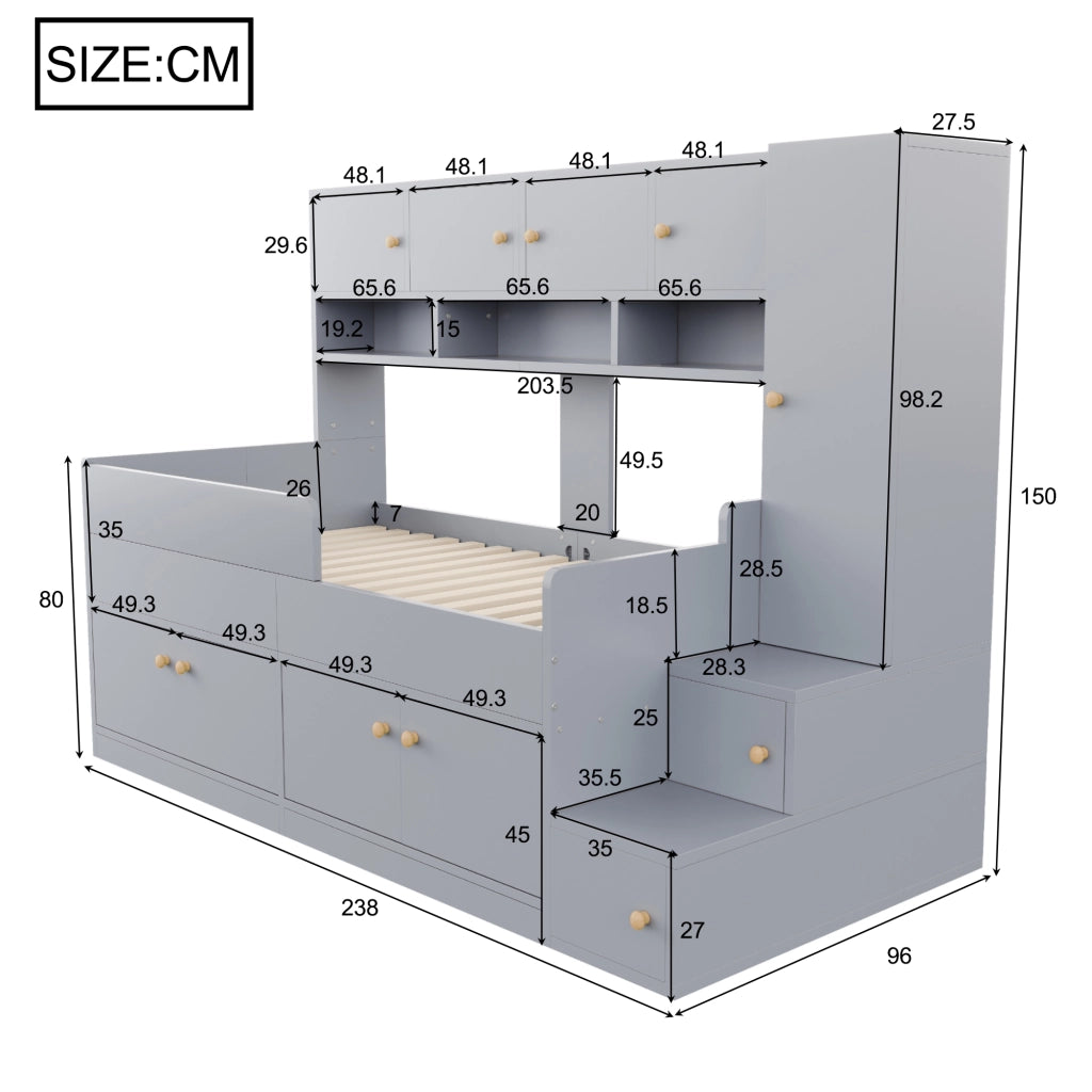 Letto a soppalco 90x200 cm con armadio; ripiani; scala; LED e parapetto di sicurezza; legno grigio
