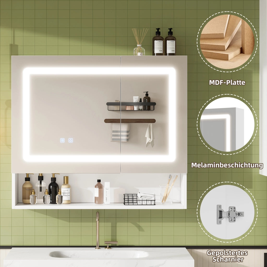 Armadietto a specchio da bagno con 2 ante, LED regolabile, funzione antiappannamento, ripiano regolabile, 80 × 17 × 70 cm