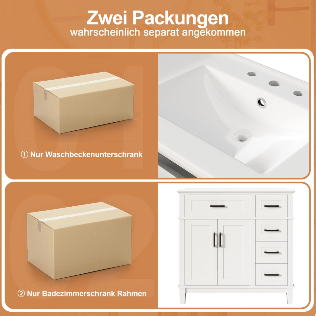 Mobile bagno da terra bianco con lavabo in ceramica, 4 cassetti e ante