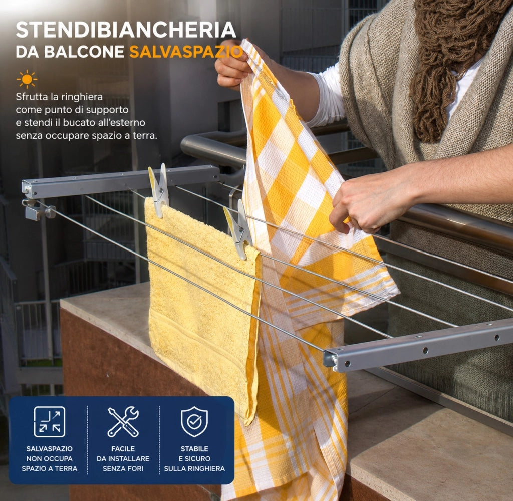 Stendibiancheria Balcone 55 cm per Ringhiera Rettangolare in Acciaio Zincato