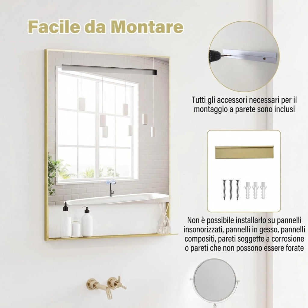 Specchio da Bagno LED 80 x 60 cm con Mensola, Specchio da Trucco con Cornice in Alluminio, Funzione Antiappannamento, 3 Colori di Luce e Luminosità Regolabile