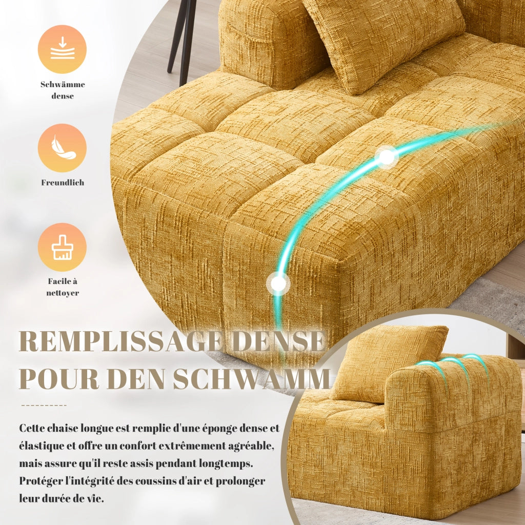 Divano chaise longue imbottito in ciniglia giallo con cuscino e tasche laterali 158 × 90 × 60 cm