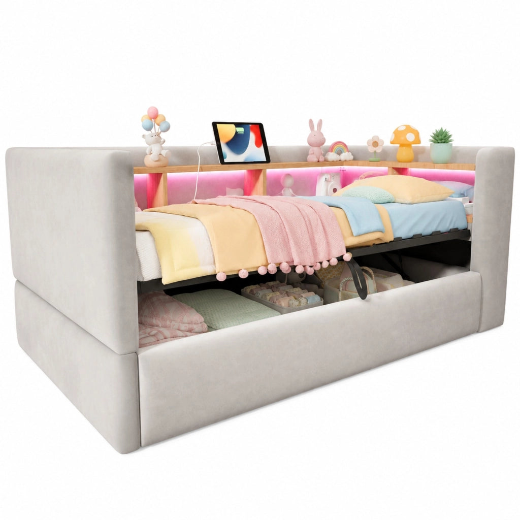 Divano letto imbottito 90 x 190 cm grigio chiaro con LED, prese e vano contenitore