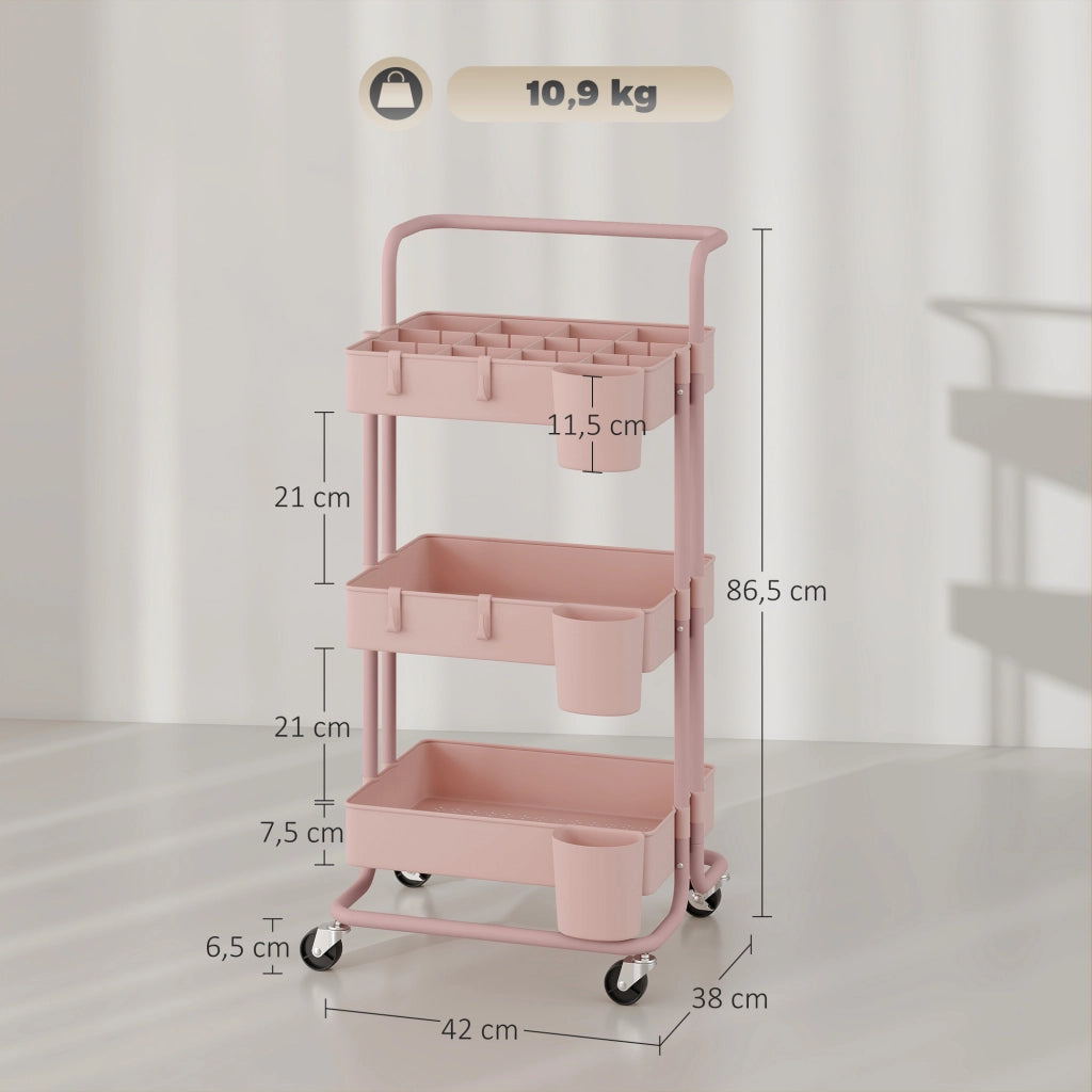 Carrello Multiuso con Cassetti e Ganchi ¨C zephmum ¨C Rosa 42x38x86,5 cm