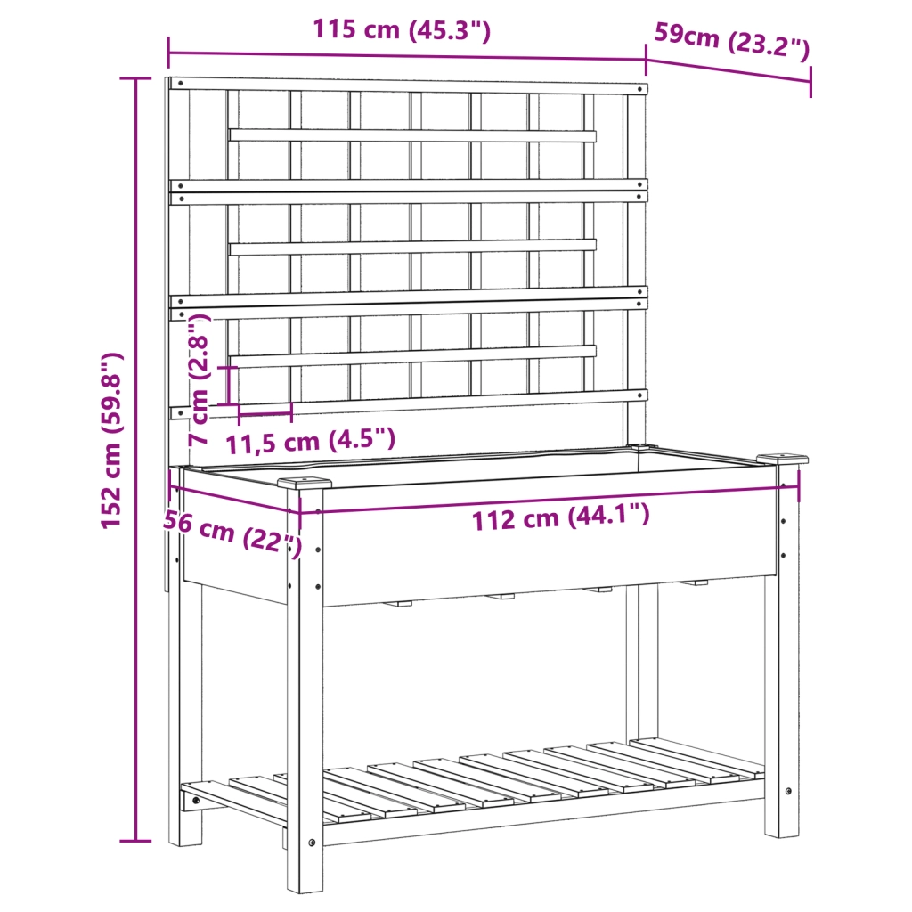 Fioriera da giardino con traliccio e ripiano 115x59x152 cm in legno massello di abete