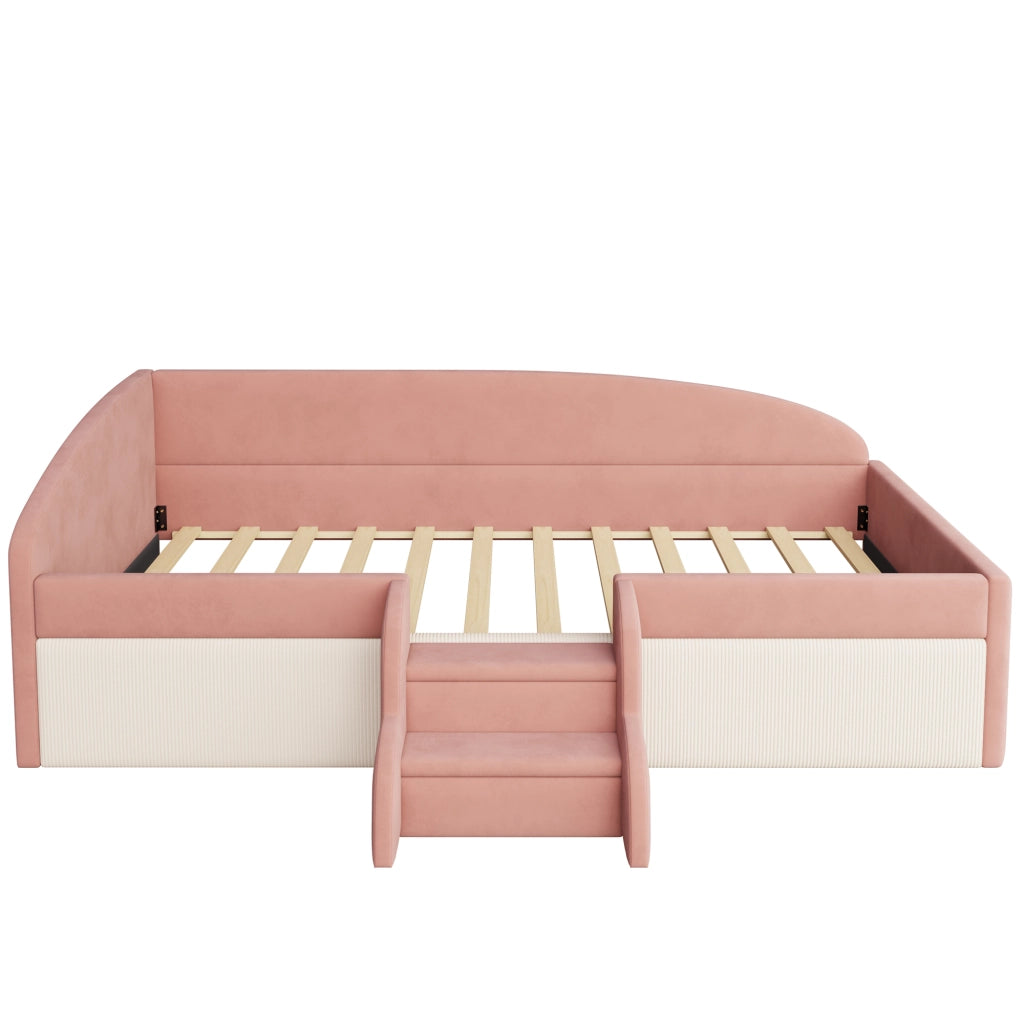 Letto per bambini 90 × 190 cm con scalini antiscivolo e sponda di sicurezza, senza materasso, velluto rosa e bianco crema