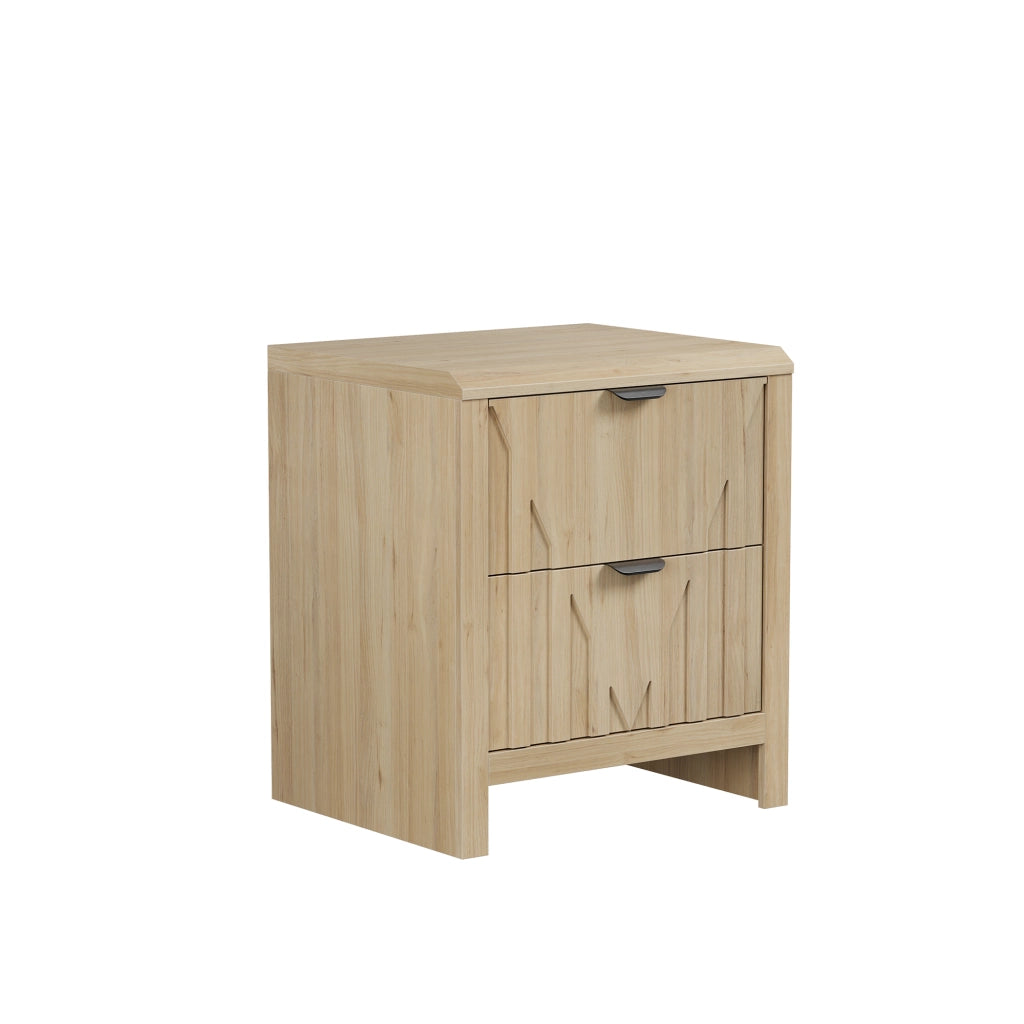 Comodino con 2 cassetti in finitura rovere, stile mid-century moderno con maniglie in metallo, 1 pezzo