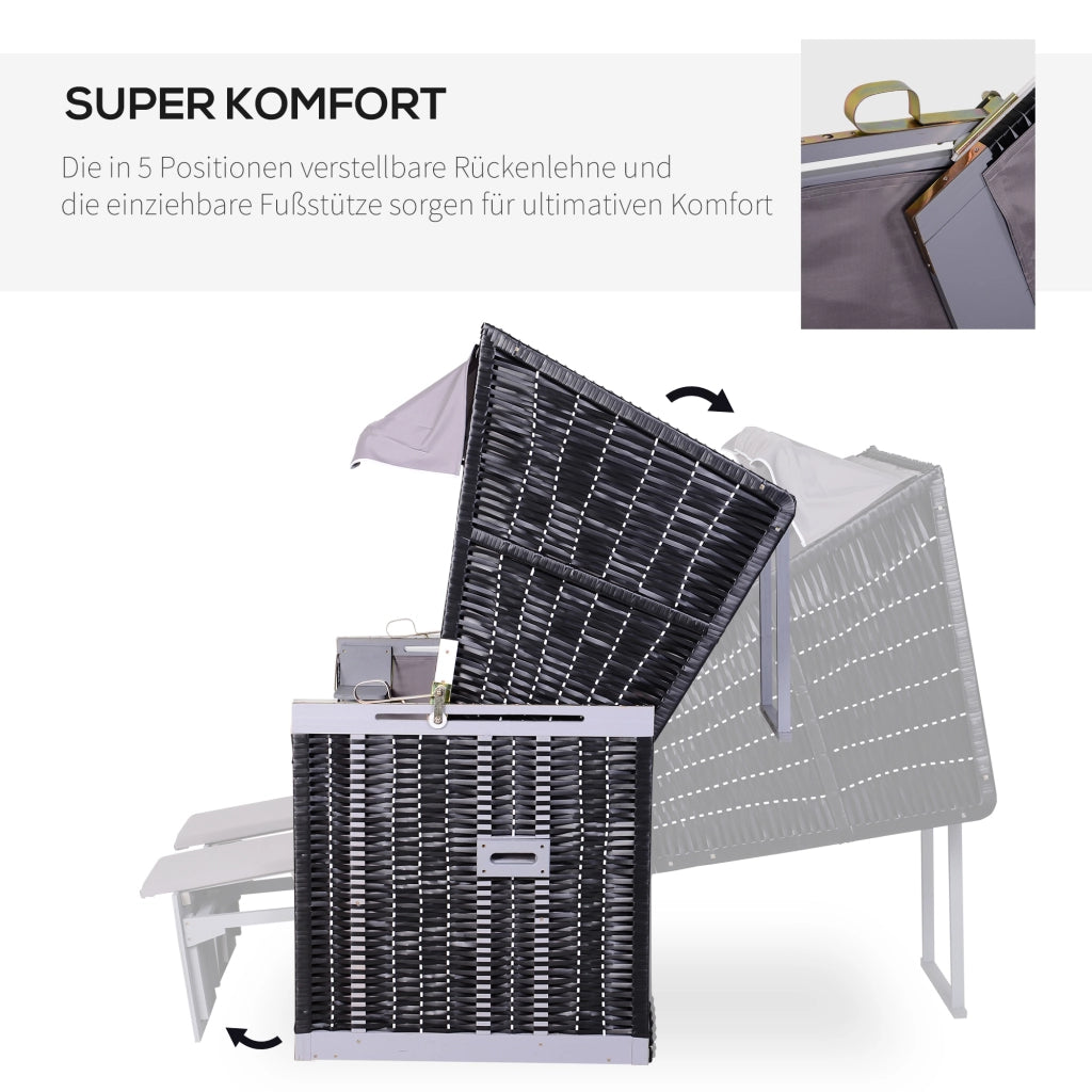 Doppia sdraio da giardino in rattan PE con tetto protettivo e porta bicchieri integrato colore grigio design moderno compatto e resistente