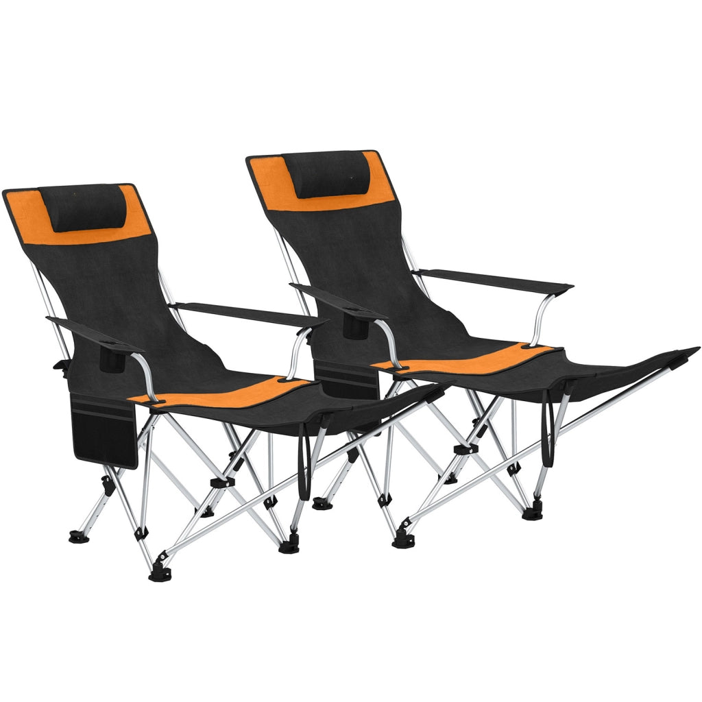 Set 2 Sedie da Campeggio 82x50-100x88 cm Pieghevoli con Poggiapiedi e Portabicchieri in Tessuto Oxford Nero e Arancione