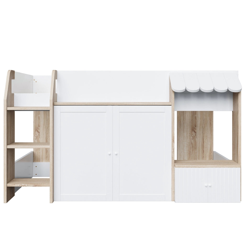 Letto a soppalco 90x200 cm con scala e contenitore in legno bianco e colore naturale