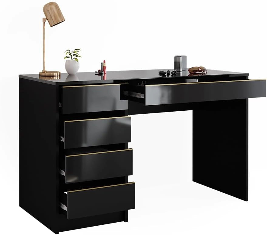 Tavolo da toilette Sherry, Nero/oro, 120 cm Senza specchio, 5 cassetti per diverse esigenze di conservazione