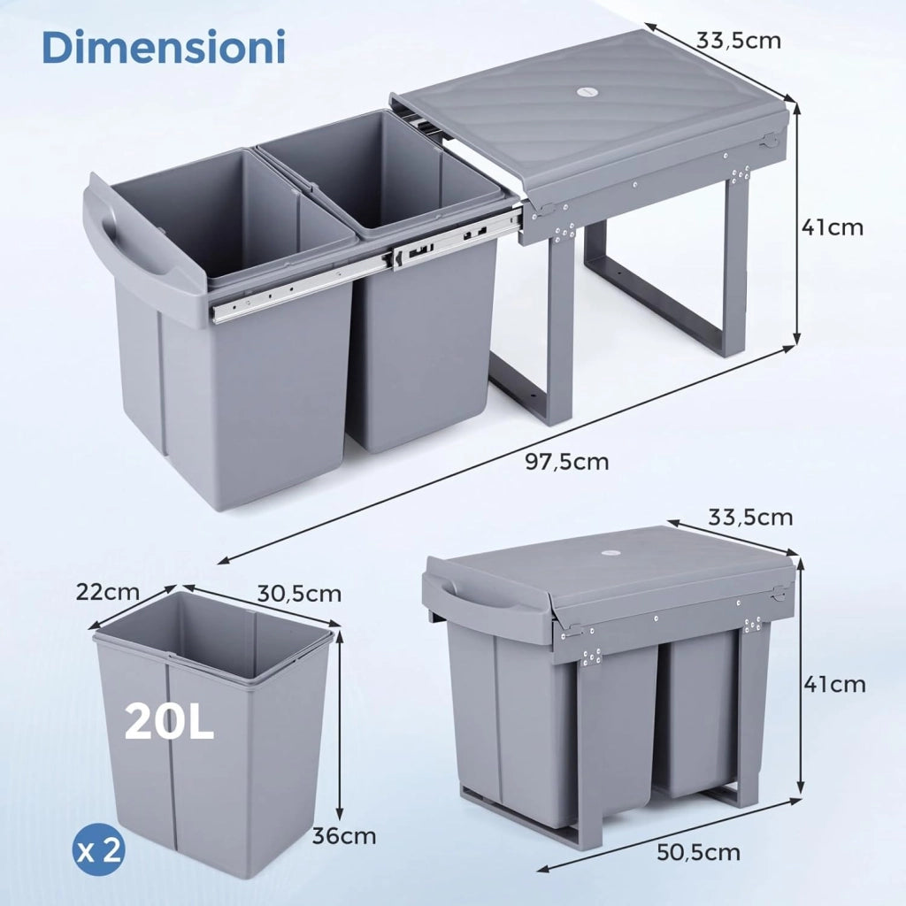 Pattumiera Estraibile Sottolavello, Pattumiera Differenziata con 2 Scomparti Rimovibili 20+20 L, Bidone della Spazzatura per Cucina, 51,5 x 34 x 41,5 cm