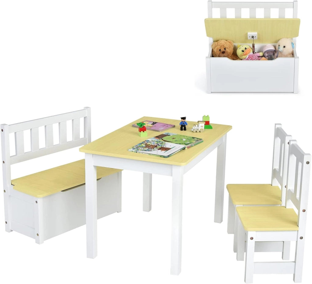 Set 4 Pezzi Tavolo e Sedie per Bambini, 2 in 1 Tavolino Attività di Legno per Bambini con 2 Sedie e 1 Panca, Per Bambini per Giocare Disegnare Leggere e Mangiare (Naturale)