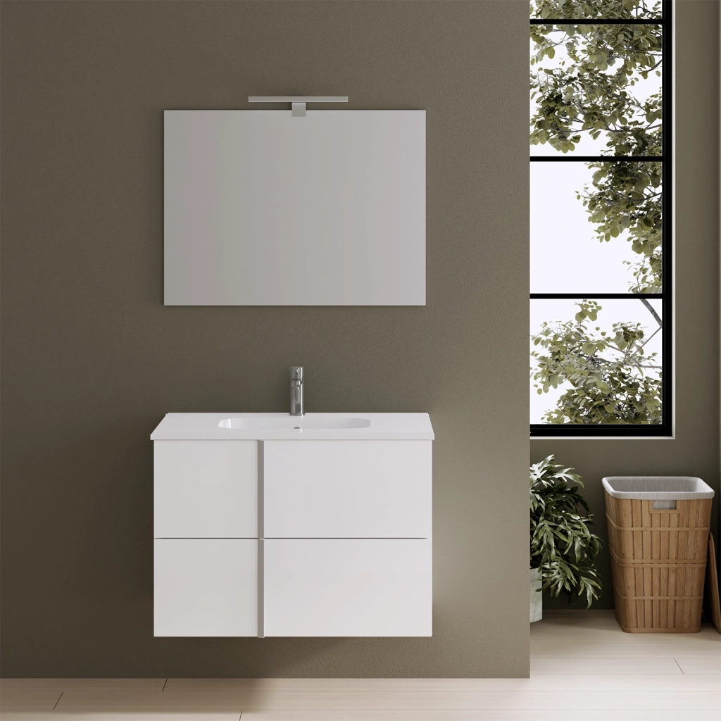 Mobile da bagno sospeso 100cm bianco lucido con lavabo in ceramica e specchio | Hoia