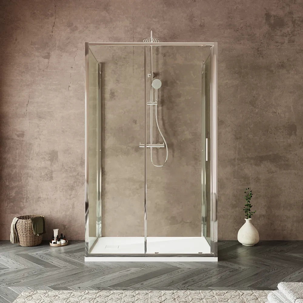Box doccia tre lati 90x100x90cm con porta scorrevole profili cromati e vetro 6mm trasparente h190 | Portofino