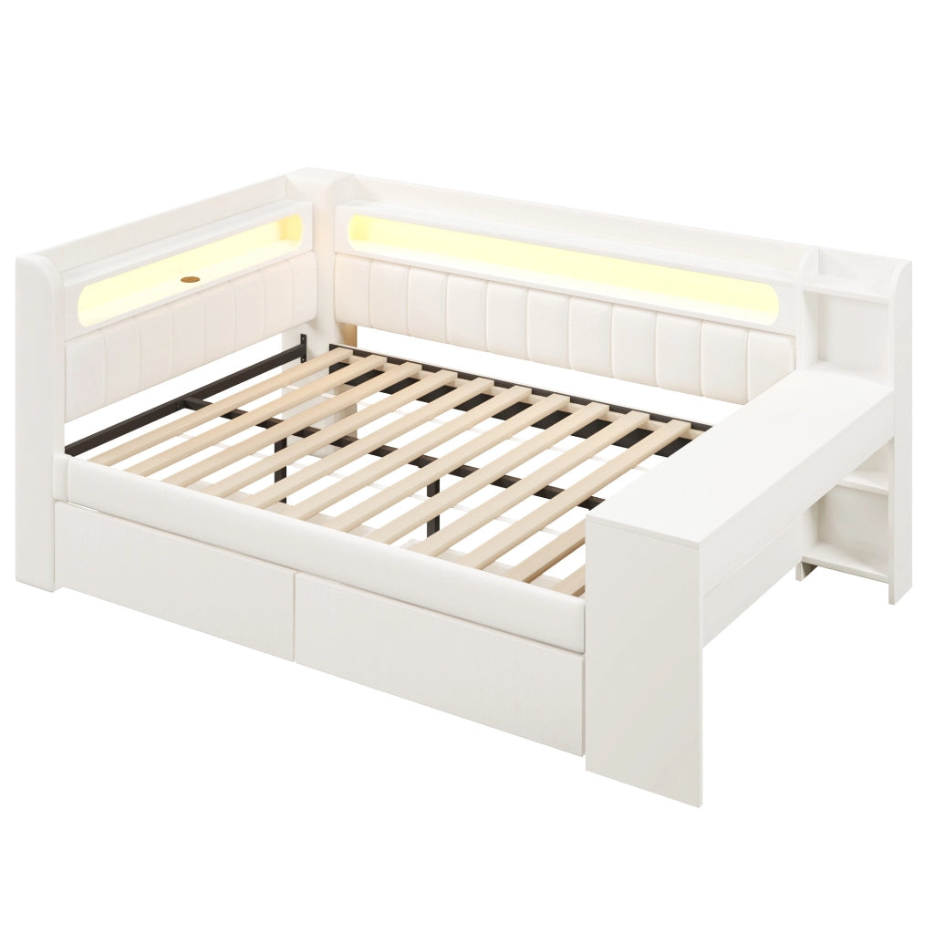 Letto daybed imbottito 140x200 cm con scrivania; 2 cassetti; LED e USB; bianco