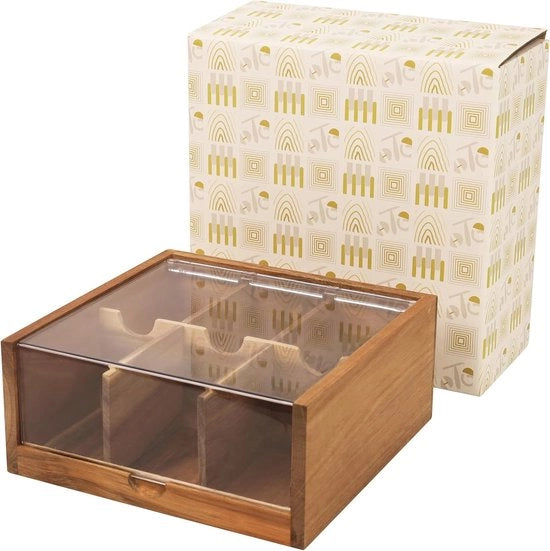 Organizzatore con 6 Cestelli in Legno di Acacia e Coperchio Transparente - Scatola di Legno con Comparti
