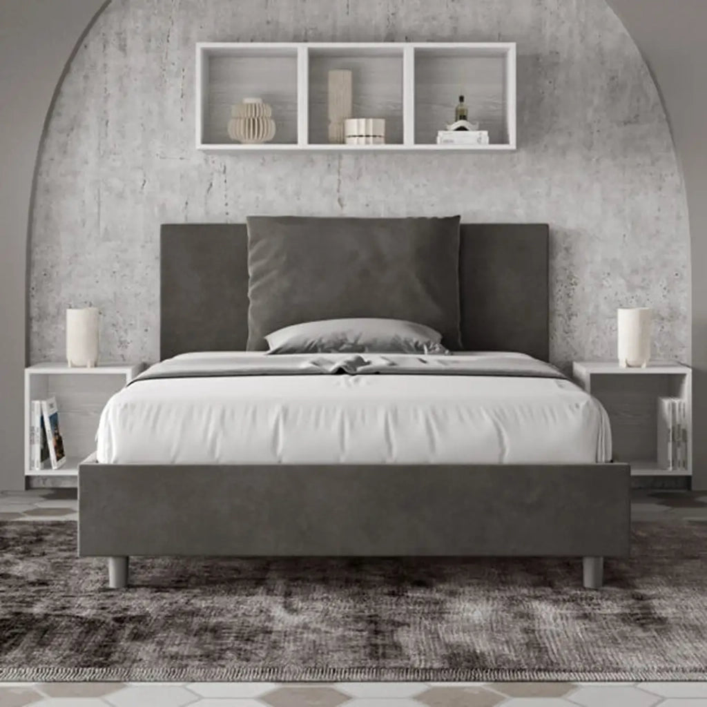 Letto matrimoniale francese senza rete imbottito 140x210 microfibra grigio Antea