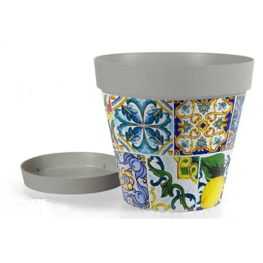 Trade Shop - Vaso Con Sottovaso Giardino In Plastica Decoro Medì 26x23 Cm Piante Fiori 845413 -