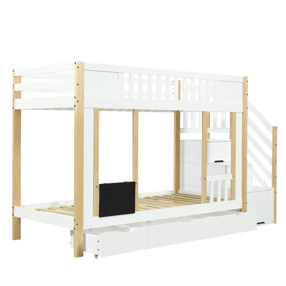 Letto a Castello Bambini con Cassetti e Lavagnetta ¨C Xylo ¨C Pino/MDF, Bianco/Naturale, 90x200