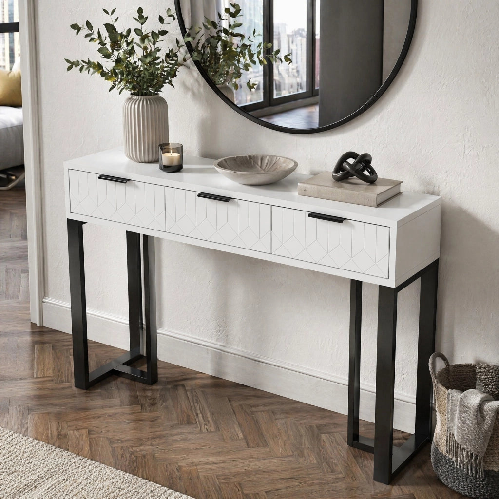 Tavolo consolle moderno bianco e nero con 2 cassetti e struttura dorata