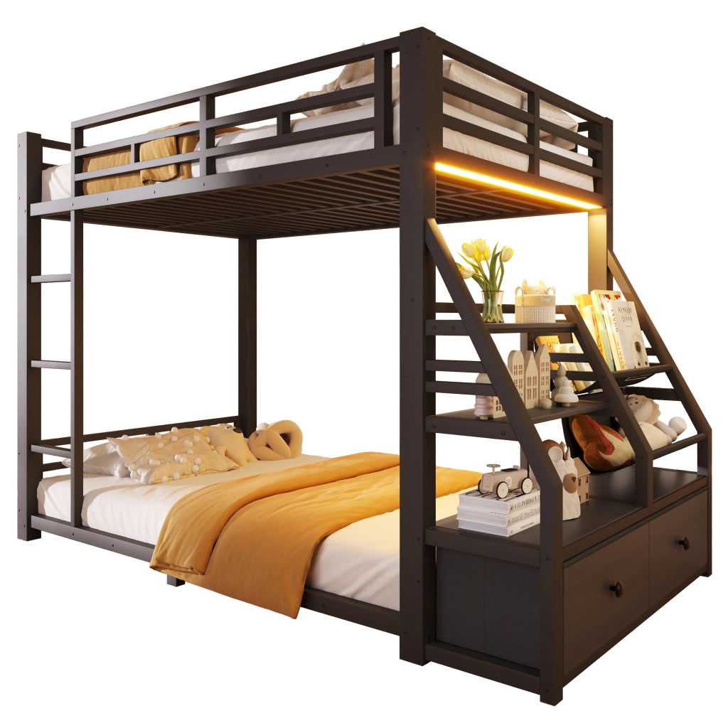Letto a castello 90x200 cm salvaspazio con illuminazione LED e 2 cassetti in tessuto; metallo nero