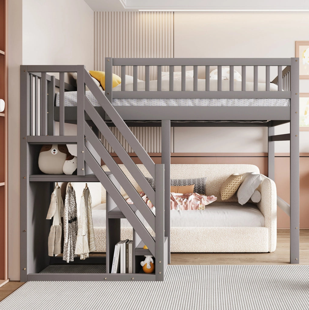 Letto a soppalco 140x200 cm con scala contenitore in pino; compensato e MDF grigio