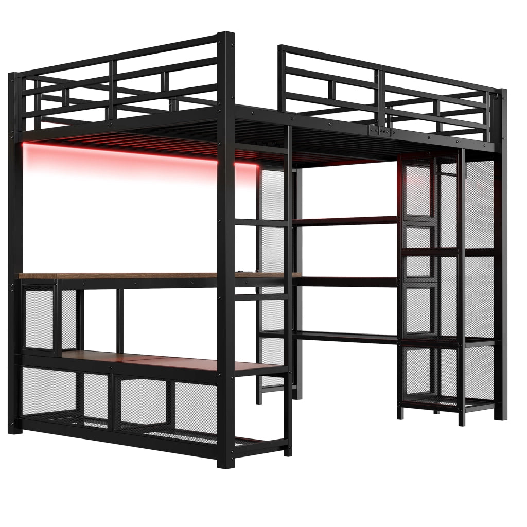 Letto a Soppalco 140x200 cm; Contenitore; Scrivania; LED; USB; con Armadio - Nero