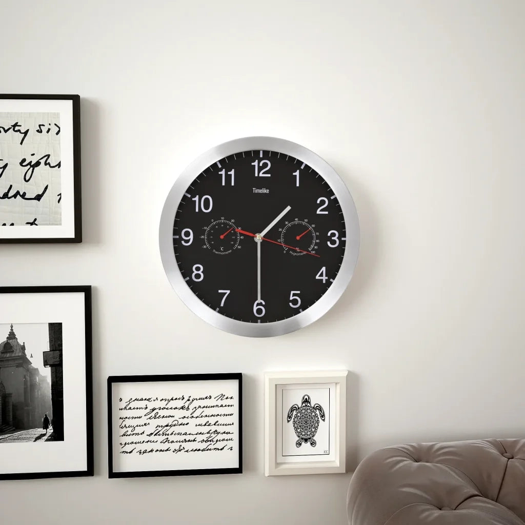 Orologio da Parete al Quarzo Igrometro Termometro 30 cm Nero 50624