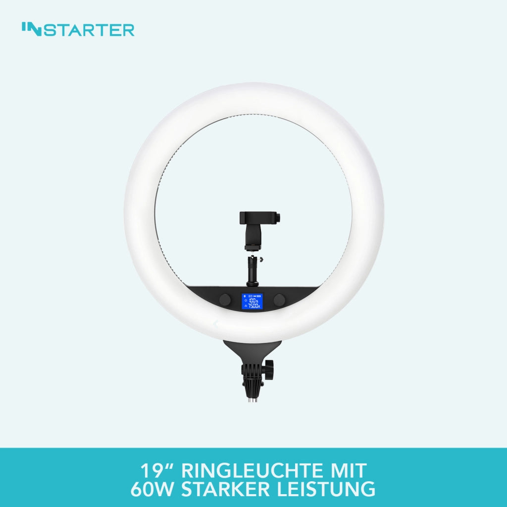 Instarter Ring light a LED con treppiedi, Luce ad anello orientabile a 180°, Lampada per video da 60 W bicolore, illuminazione regolabile
