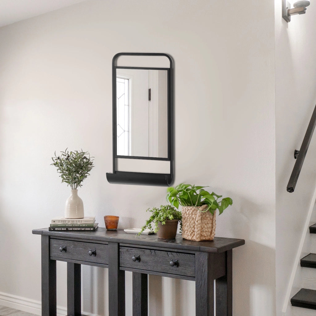 EasyComfort Specchio da Parete con Mensola Inferiore e Struttura in Metallo, 36.2x12x71.7cm, Nero