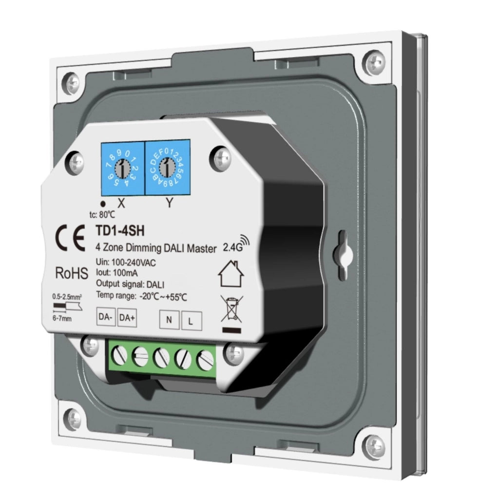 Pannello Touch Master DALI Bianco, Alimentatore Bus Integrato, 16VDC Max 100mA, 4 Zone 3 Scene 4 Indirizzi, Touch Slider, Per Dimmer DT6, 86X86mm Per Scatola 502