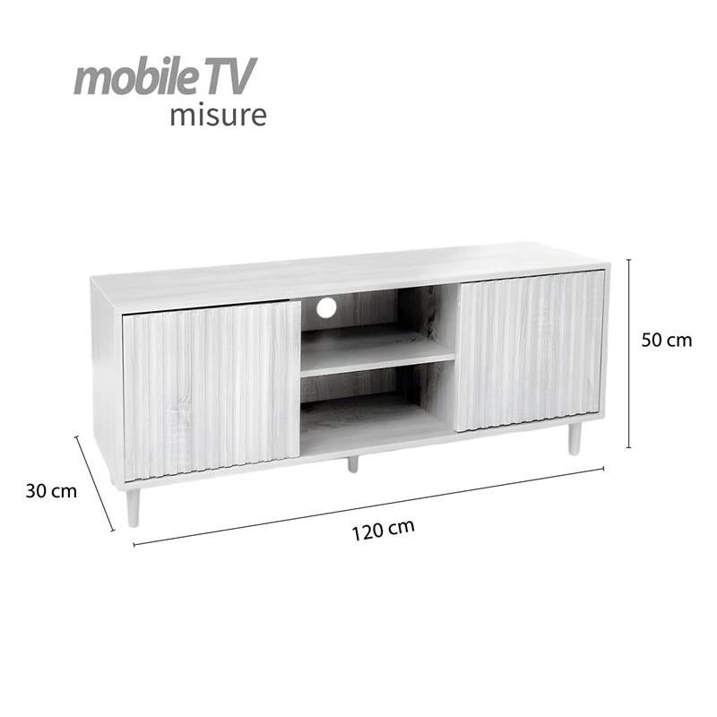 MOBILE PORTA TV COLORE BIANCO LEGNO 120X30X50 CM IN LEGNO TRUCIOLARE CON MELAMINICO + ANTE E RIPIANI
