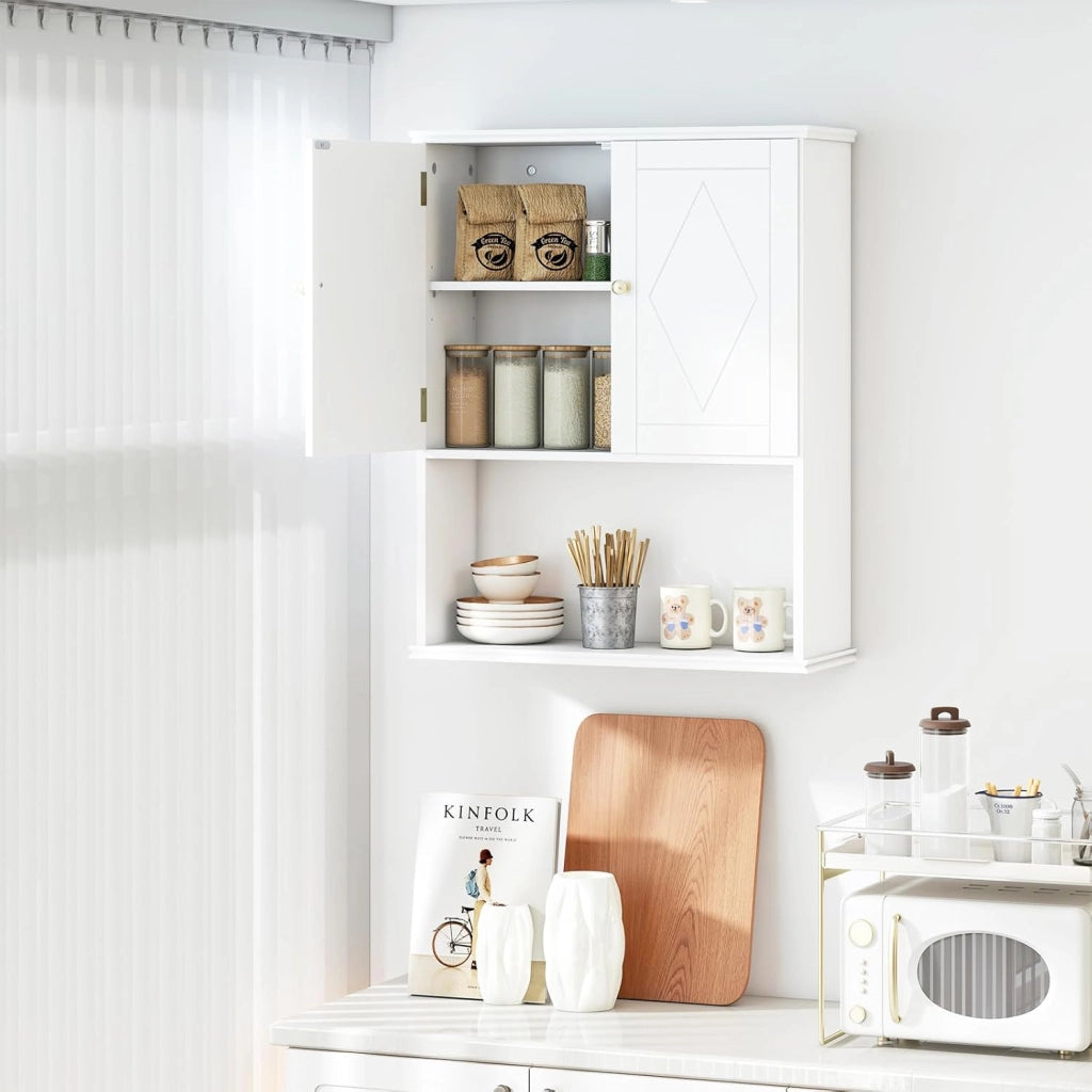 Armadio pensile a 2 ante e ripiano regolabile in altezza, armadietto per medicinali con ripiano aperto per asciugamani, armadietto da bagno per bagno, soggiorno e cucina, 60 x 21 x 75 cm