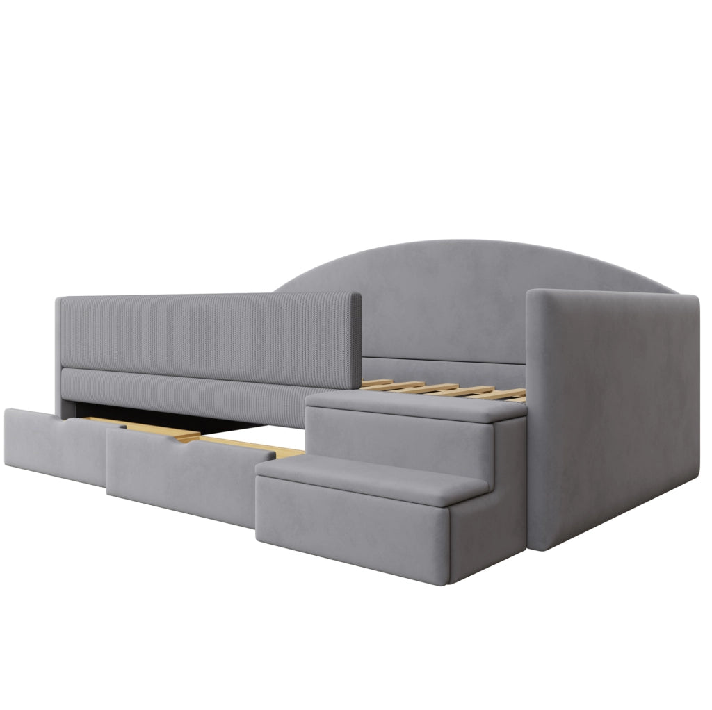 Letto imbottito 90x190 cm con due cassetti e scalini in velluto