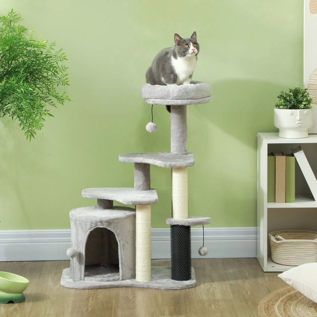 Albero Tiragraffi per Gatti con Casetta Ripiani e Letto 60x39x87 cm in Peluche e Sisal Grigio